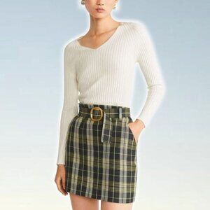 MANGO Plaid Belted Mini Skirt Sz XS Green Yellow